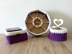 Set košíků na čaje, příborníku a košíku 15x15 cm , bavlna, barva fialovo bílá